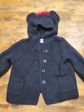 GAP Navy Knit Hooded Cardigan with Red Bow Accent